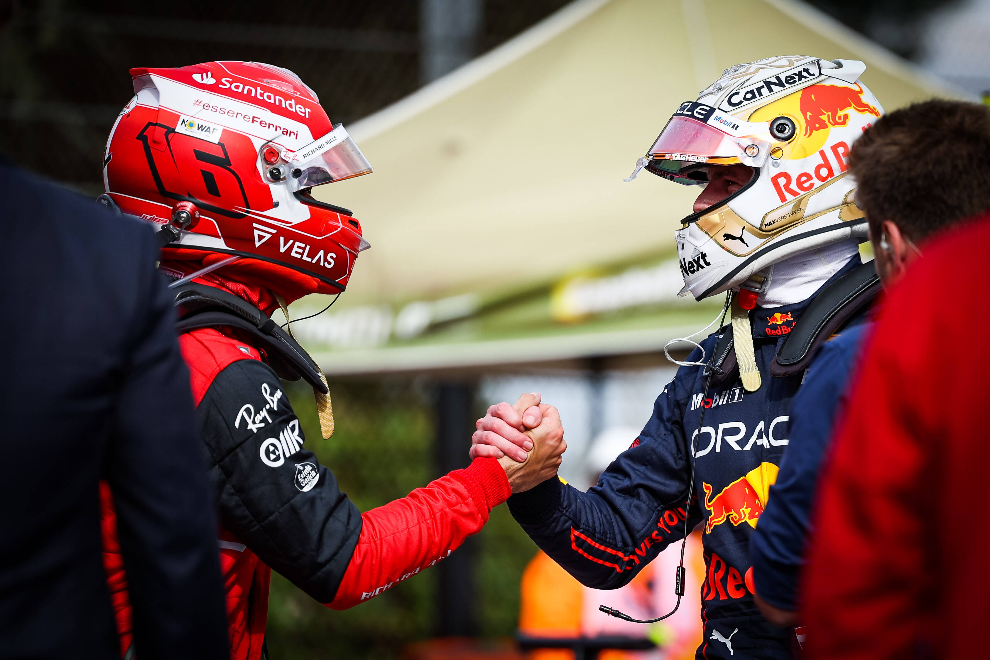 Charles Leclerc (L) congratulated Max verstappen after a thrilling race 