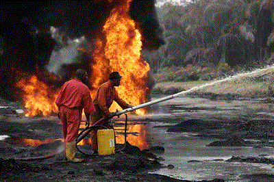 An oil pipeline fire in the creeks of the Niger Delta (Guardian)