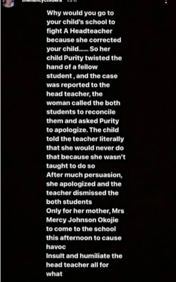 Woman calls out Mercy Johnson over incident at child's school, says she brought thugs to intimidate staff