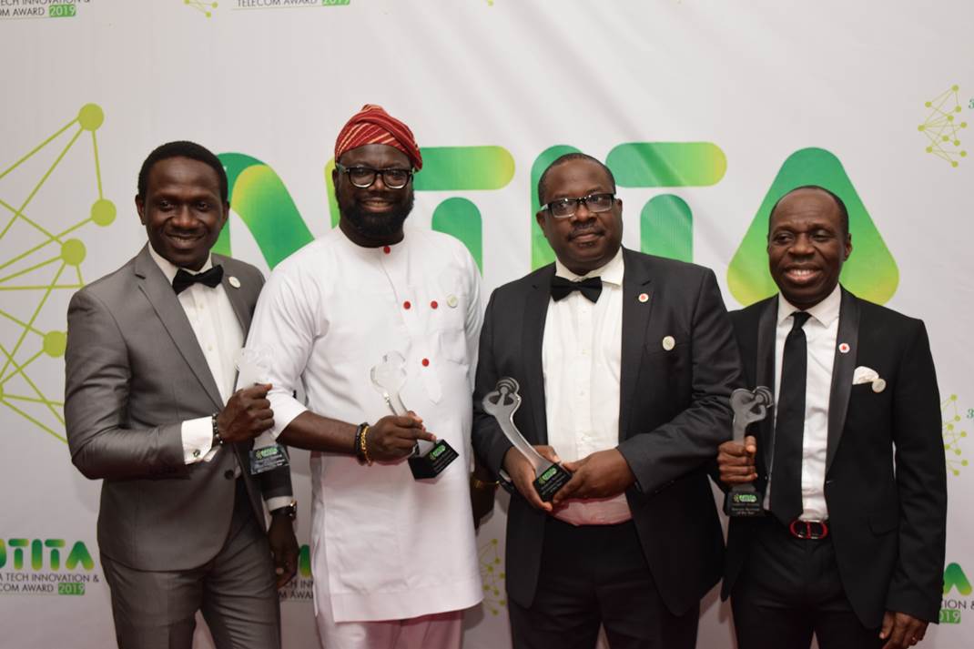 Executive Head of Department,  Legal, Vodacom Business Africa Nigeria, Kolawole Fayemi, Finance Director, Oluseyi Olanrewaju, Executive Head of Department, Business Development Group, Zakari Usman; and Commercial Director, Solomon Ogufere, all of Vodacom Business Africa Nigeria, pose with awards scooped by the pan-African corporate connectivity and telecommunications provider during the 3rd Nigeria Tech and Telecom Innovation Awards held in Lagos…weekend.