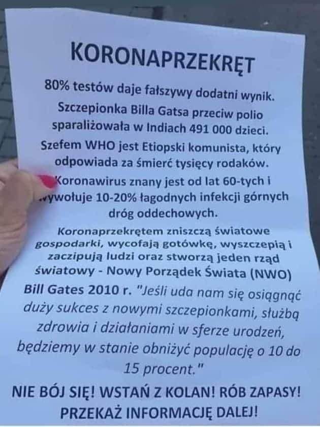 Jedna z ulotek na antycovidowej grupie, którą drukowano i przekazywano dalej.