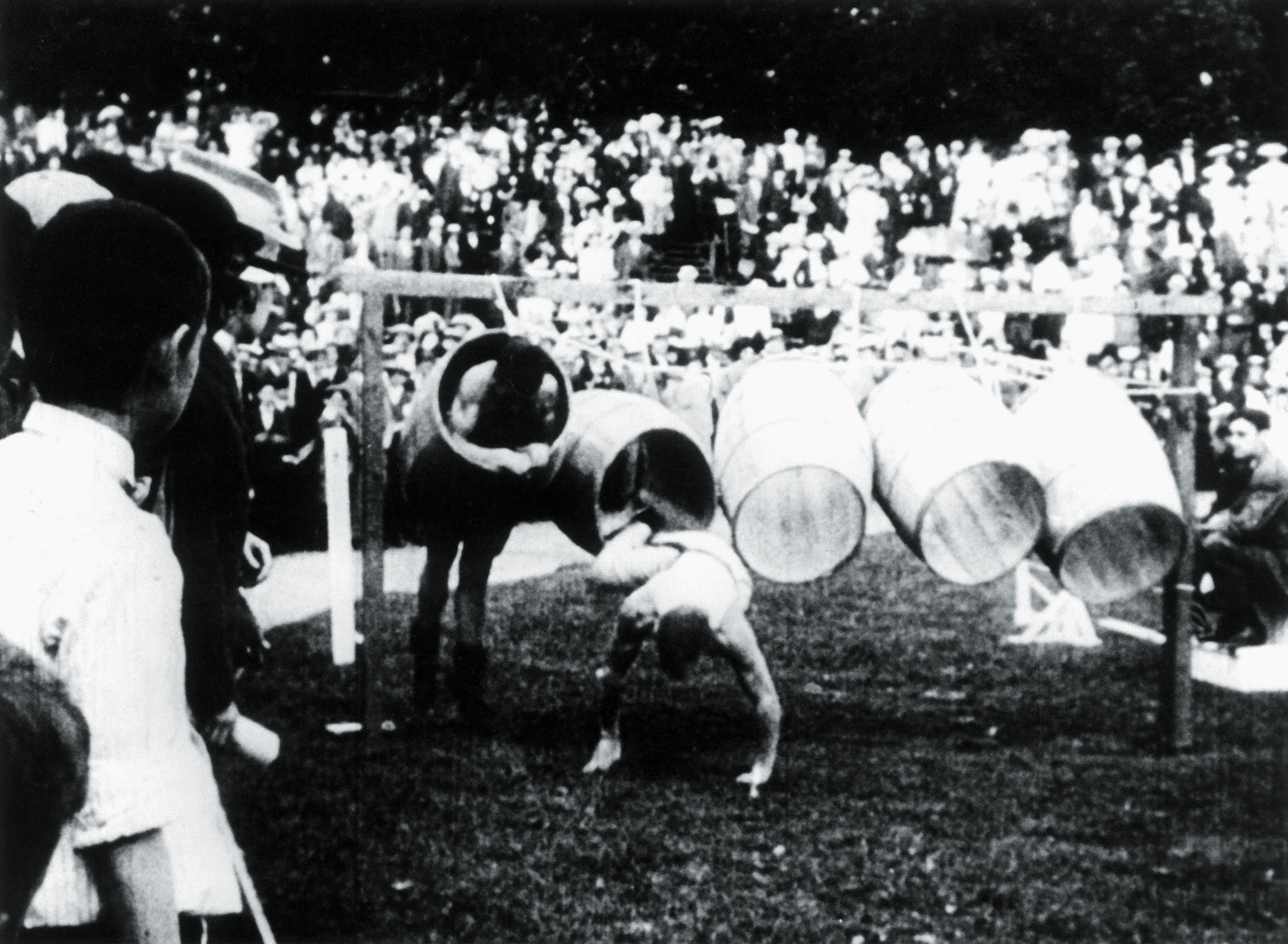 Skok przez beczkę – jedna z dyscyplin sportowych na igrzyskach olimpijskich w St. Louis w 1904 r.
