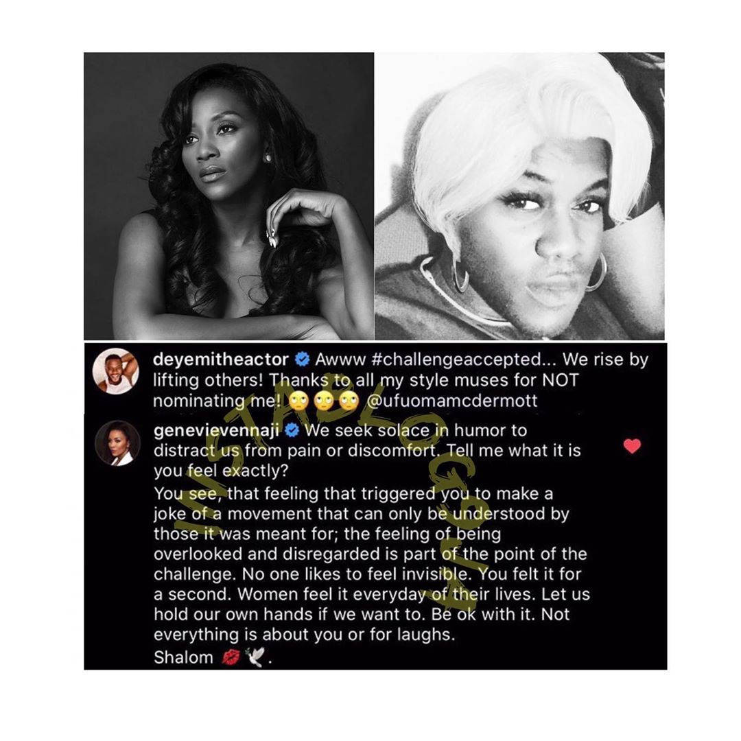 What must have been a joke to the actor, however, didn't sit well with Nnaji as she slammed him for joking over a sensitive movement. [Instagram/Instablog9ja]