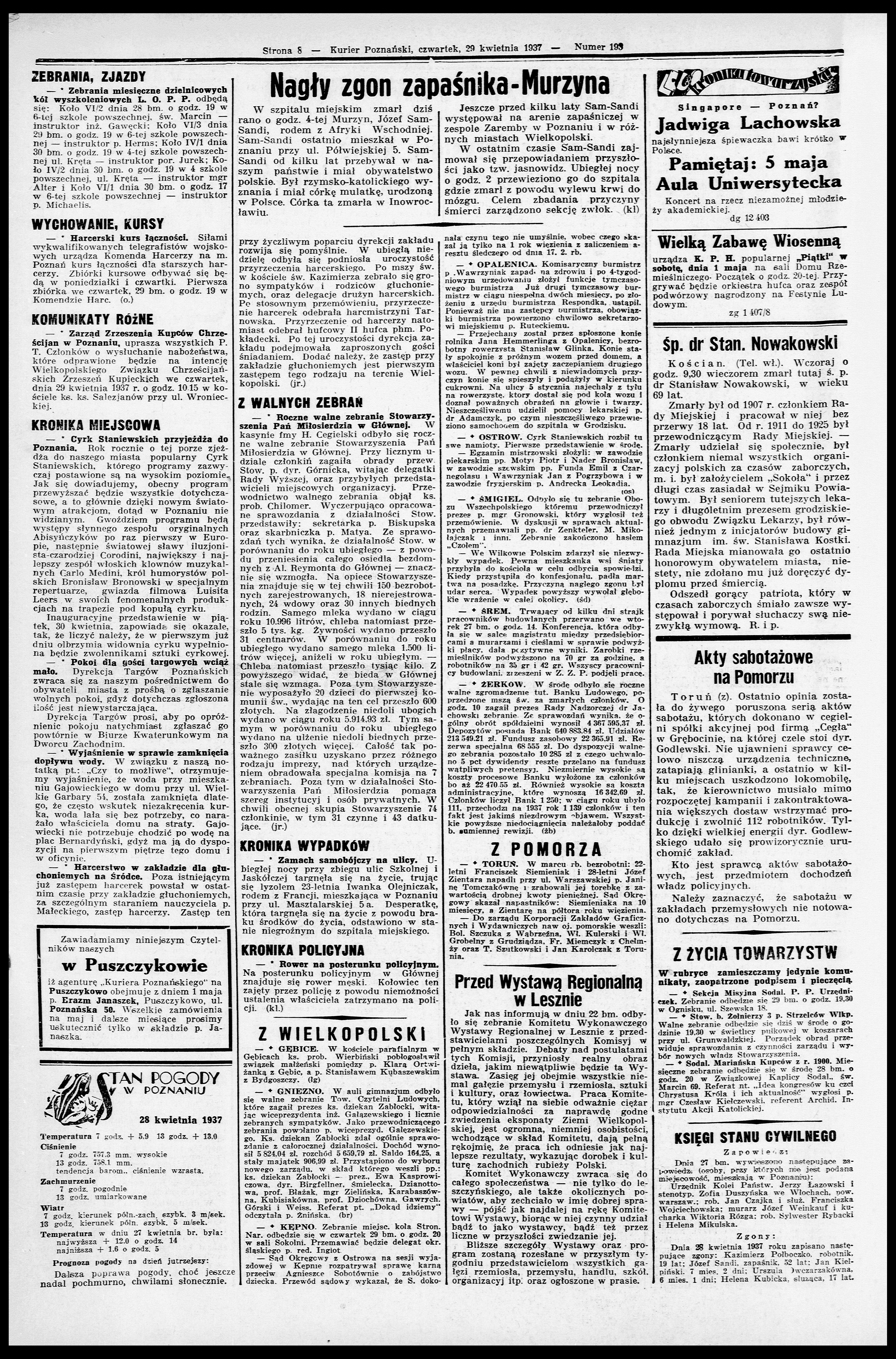 „Kurier Poznański” z 29 kwietnia 1937 r.,  informujący o śmierci Kameruńczyka