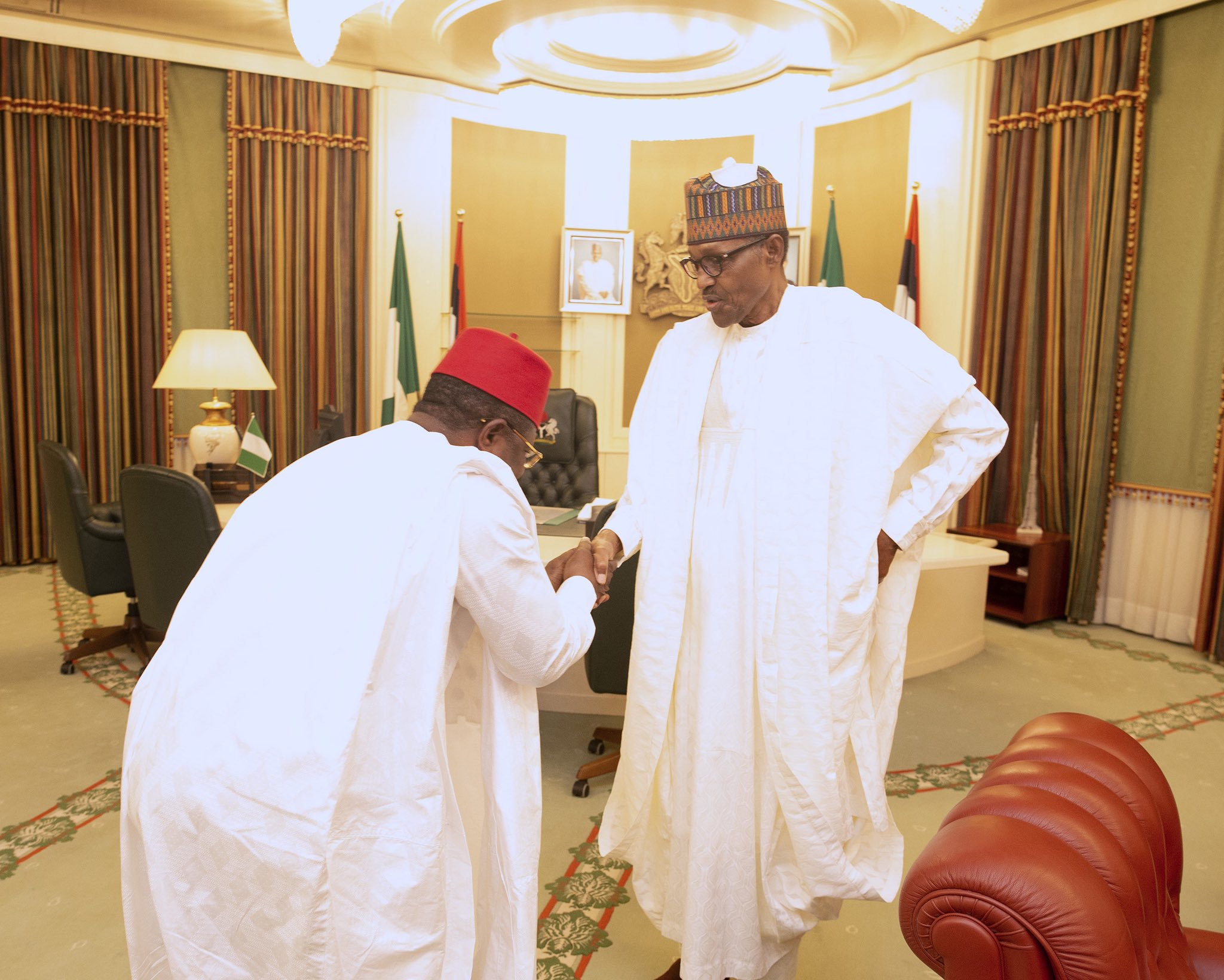 President Muhammadu Buhari and receives in guest Governor of Ebonyi State, H.E Dave Umahi at Aso Rock [Twitter/@BashirAhmaad]