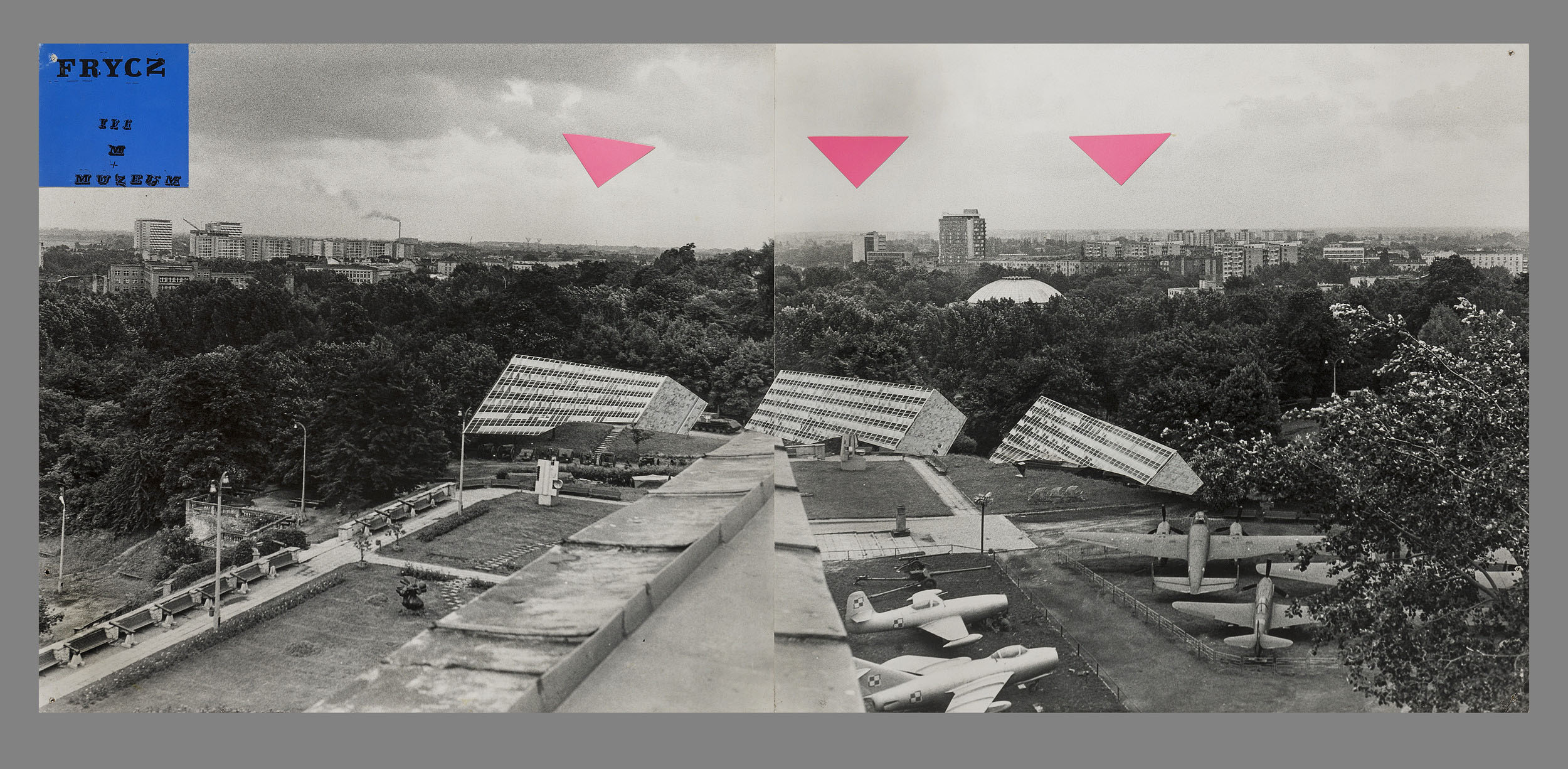 Władysław Frycz Propozycja zagospodarowania otoczenia wokół Muzeum Narodowego – projekt nowych pawilonów muzealnych na skarpie wiślanej, 1971 kolaż, fotografia, druk, papier na sklejce, 50 × 110 cm, Muzeum Narodowe w Warszawie