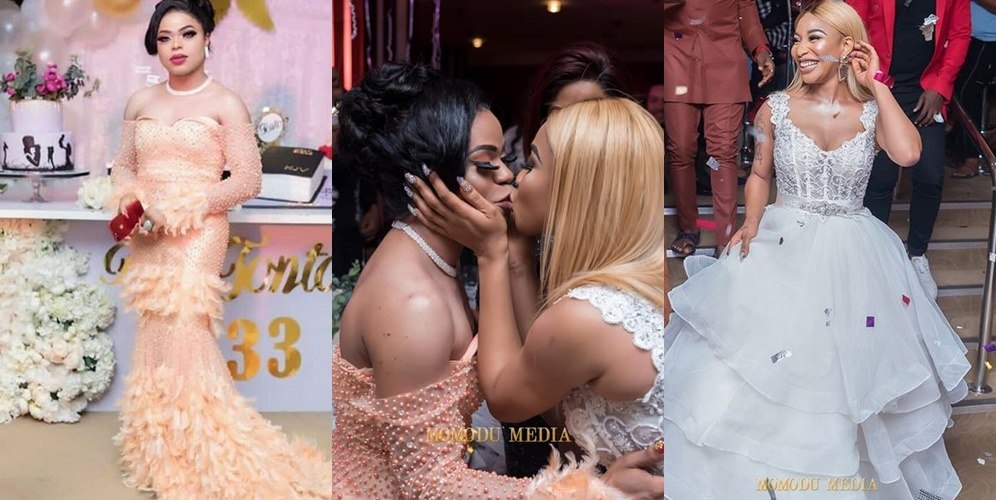 Bobrisky and good friend, Tonto Dikeh caught kissing at an event in 2018. 