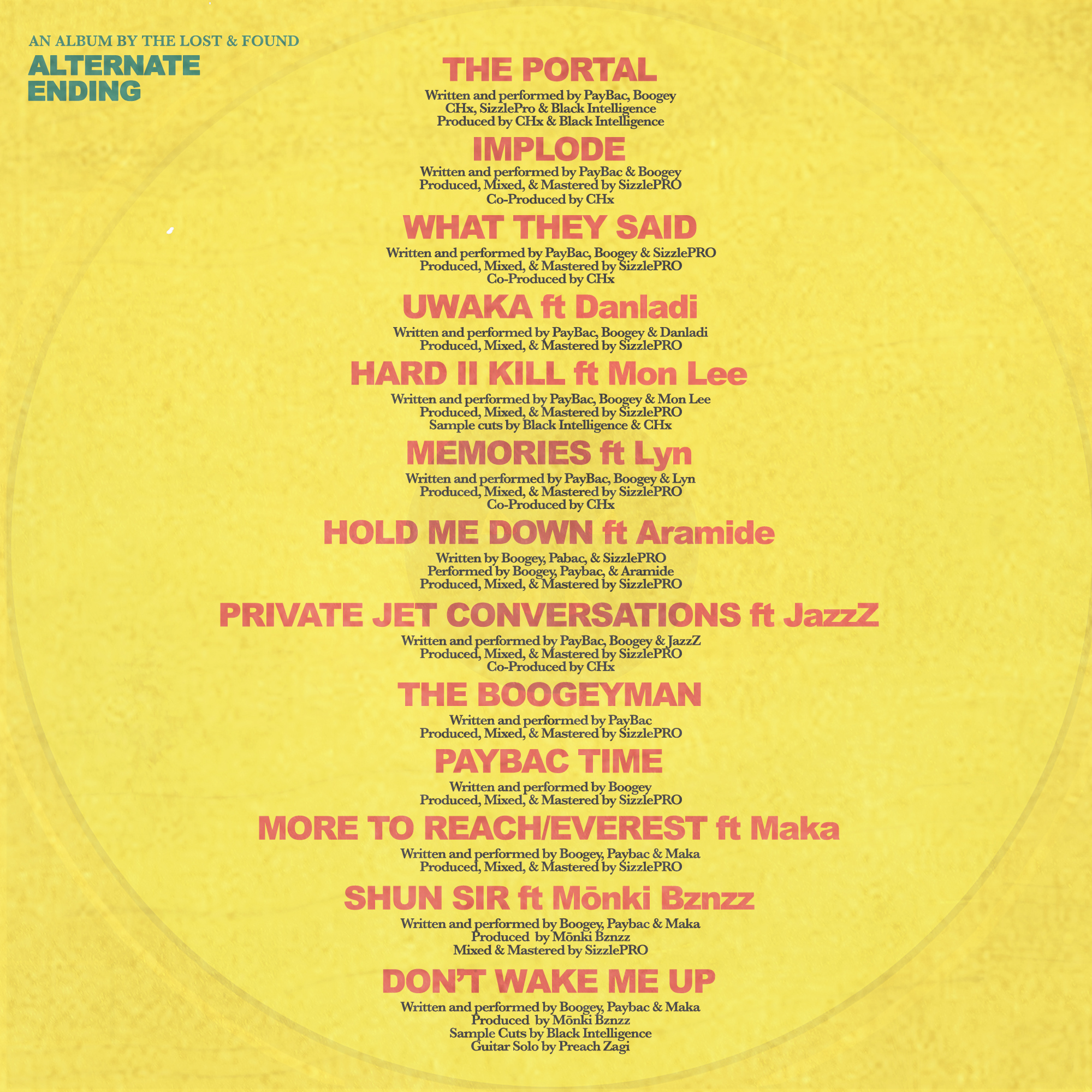 The track list and credits for 'Alternate Ending' by The Lost and Found (Boogey and Paybac). (The Lost and Found)