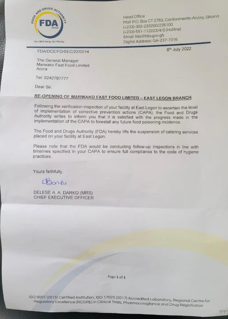 Marwako East Legon branch to reopen following clearance by FDA