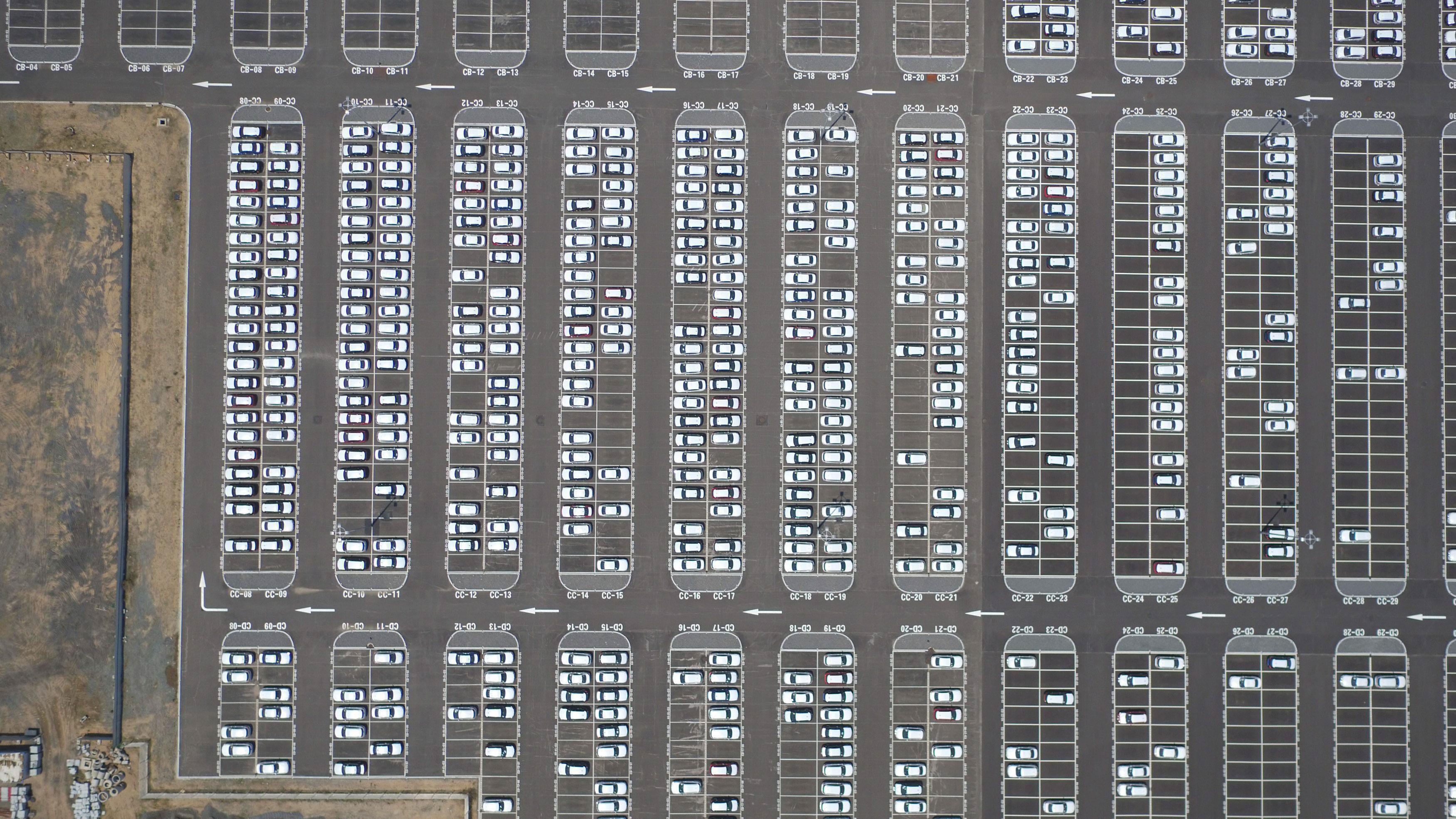 An aerial view shows automobiles that are parked at a factory in Shenyang, Liaoning Province, China