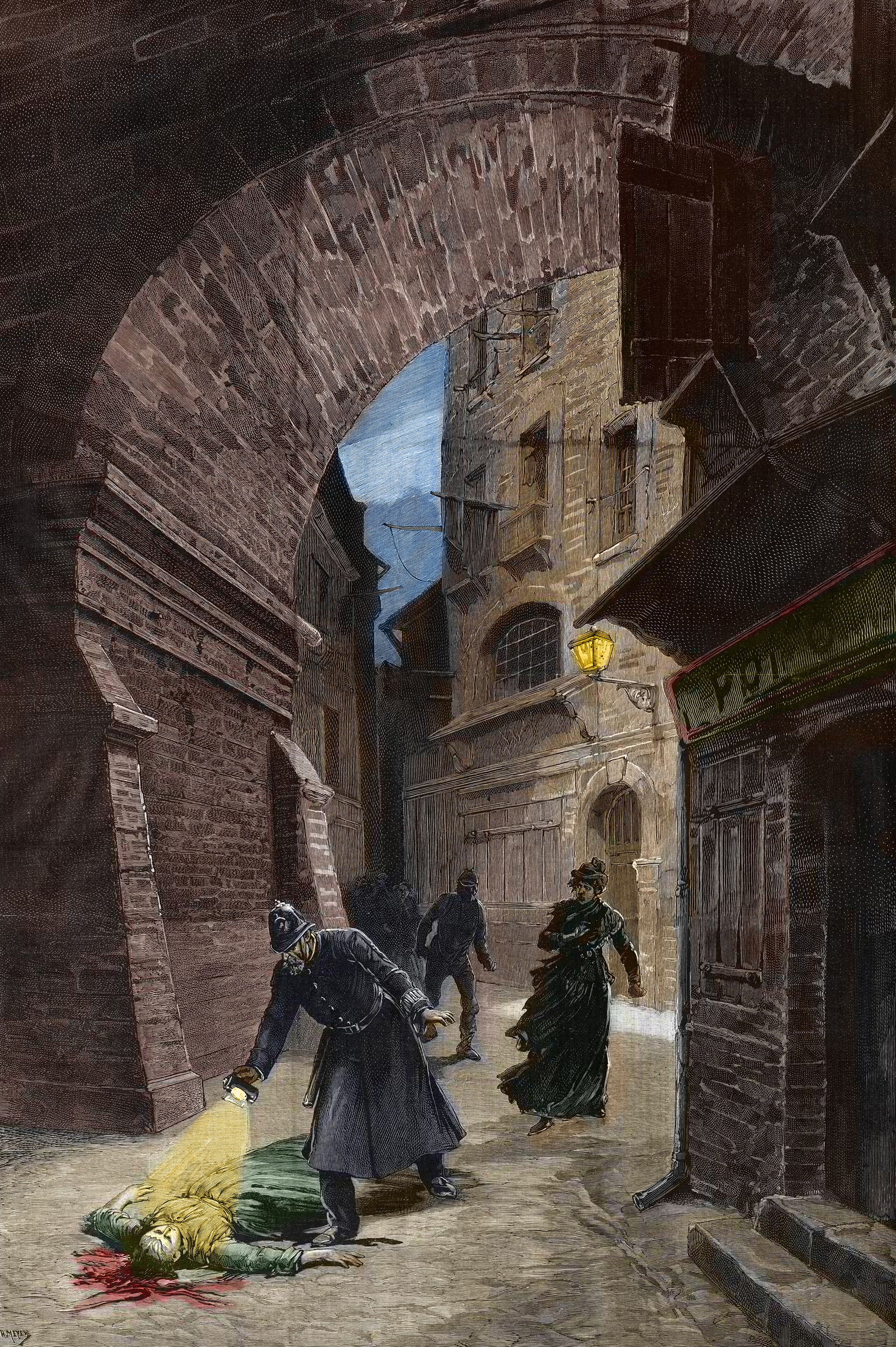 Odnalezienie ofiary Kuby Rozpruwacza, Londyn 1888 r. Rycina Fortuna Louisa Méaulla