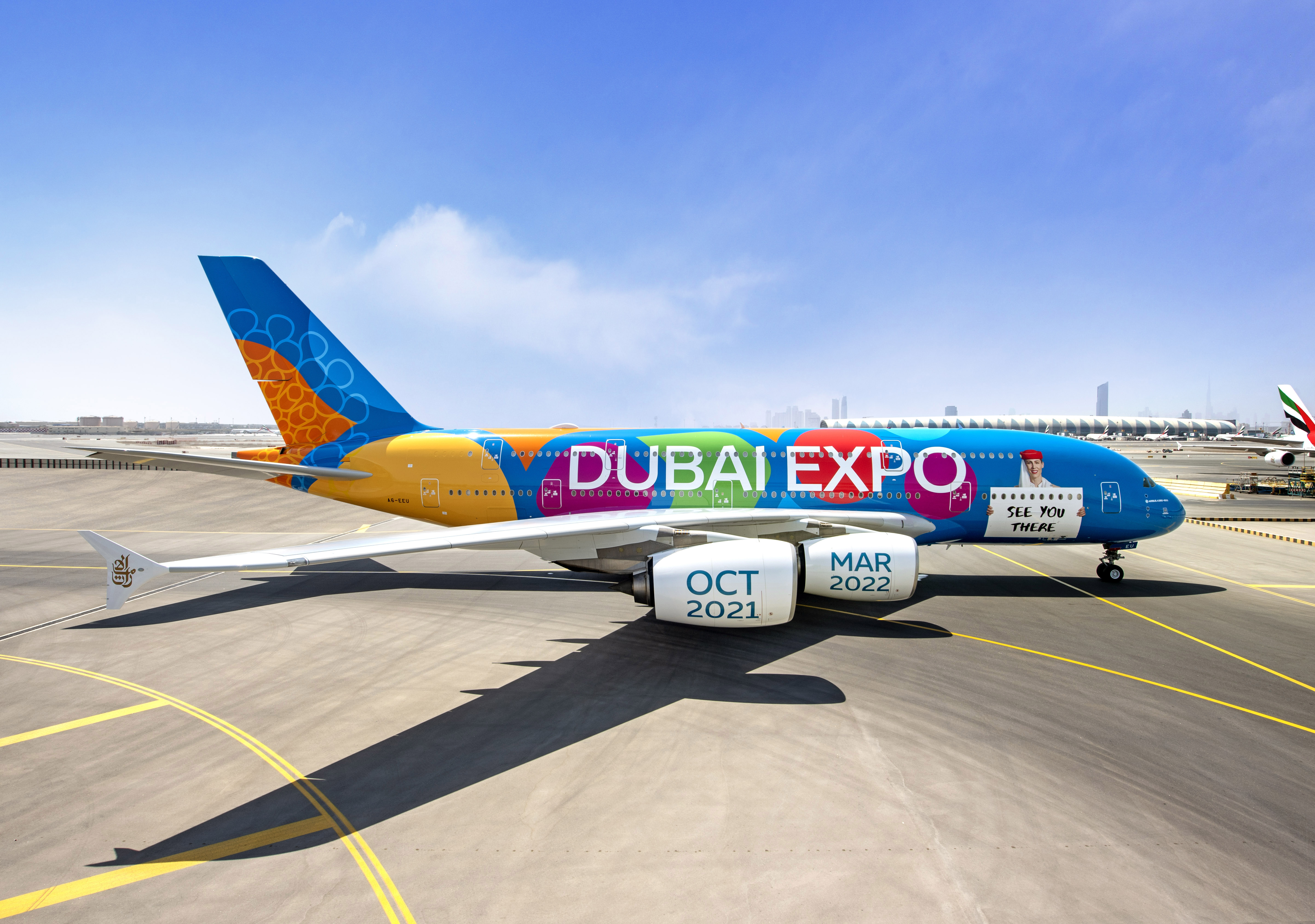 Airbus A380 linii Emirates w okolicznościowym malowaniu z okazji EXPO 2020