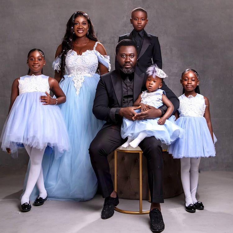 Mercy Johnson, husband mark 10th marriage anniversary with elegant family portraits 