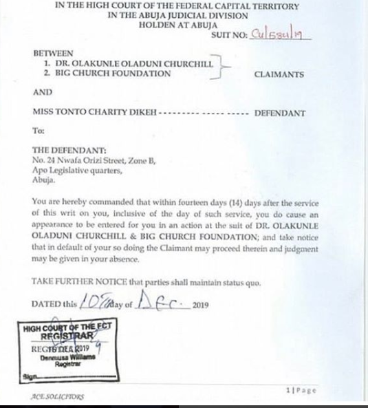 Tonto Dikeh has been sued by her ex-husband, Churchill Olakunle to the tune of N500M over malicious statements made against him in her famous YouTube video in 2019. [LindaIkeji]