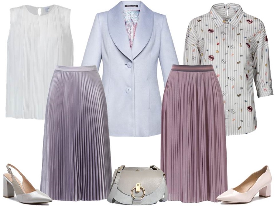 STYLIZACJE na wielkanoc 2019: biała plisowana bluzka – Cotton Club/cottonclub.pl, fioletowy żakiet – Dziekański/dziekanski.pl, wzorzysta koszula – Dziekański/dziekanski.pl, srebrna spódnica – Cotton Club/cottonclub.pl, różowa spódnica – Cotton Club/cottonclub.pl, srebrne czółenka – Caprice/caprice.pl, torebka – Boca/boca.pl, różowe czółenka – Caprice/caprice.pl