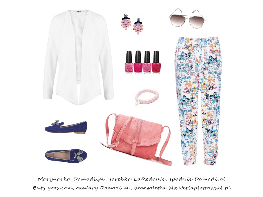 W tej wersji zakochają się wszystkie osoby, które lubią łączyć elegancję z wygodą i lekkim powiewem sportowego stylu. Klasyczna, biała marynarka została połączona z luźnymi, zwiewnymi spodniami w kwiatowy print, ale tym razem z modnymi w tym sezonie lordsami. Granatowe, wygodne buty, delikatny makijaż i pastelowe dodatki to świeża, ale nadal elegancka propozycja do pracy.