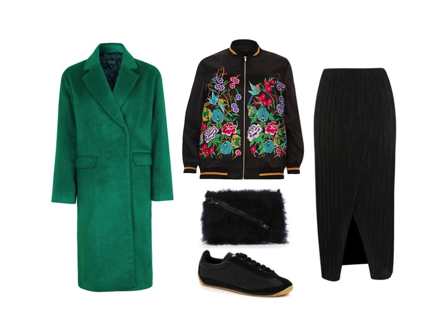Płaszcz: Topshop; bluza: River Island; spódnica: Dorothy Perkins; torba: Topshop; buty: Le Coq Sportif