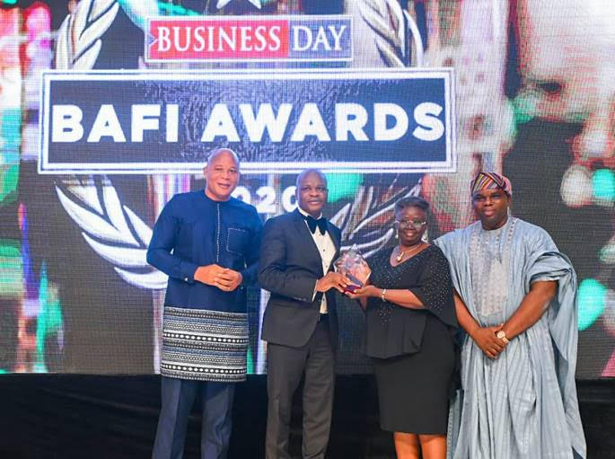 l-r: Head of Media and External Relations, UBA Plc, Ramon Nasir; Deputy Managing Director, United Bank for Africa, Liadi Ayoku, President, Nigerian Institute of Taxation, Dame Gladys Olajumoke Simplice; and Managing Director, BusinessDay Newspapers. Mr Ogho Okiti at the BusinessDay Bank and other Financial Institutions Award (BAFI) where UBA won Bank of the Year and International Bank of the Year Awards, held  in Lagos at the weekend.