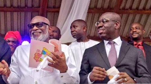 Edo state Governor, Godwin Obaseki  (Right) and Ondo state's Rotimi Akeredolu. [SaharaReporters]