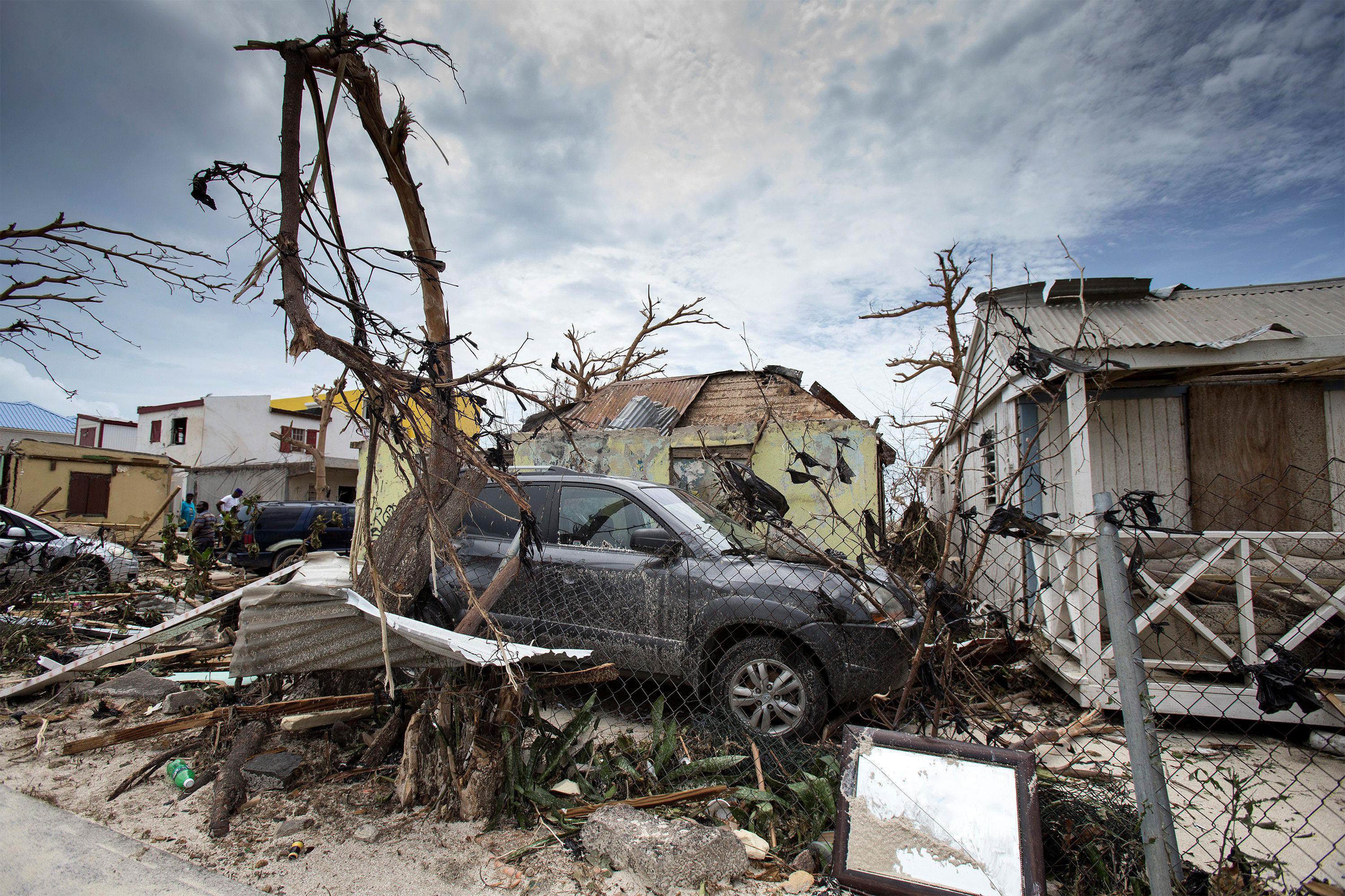 View of the aftermath of Hurricane Irma on Sint Maarten Dutch part of Saint Martin island in the Car