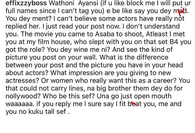 The actress threatens to beat up Wathoni if she dares to challenge her.