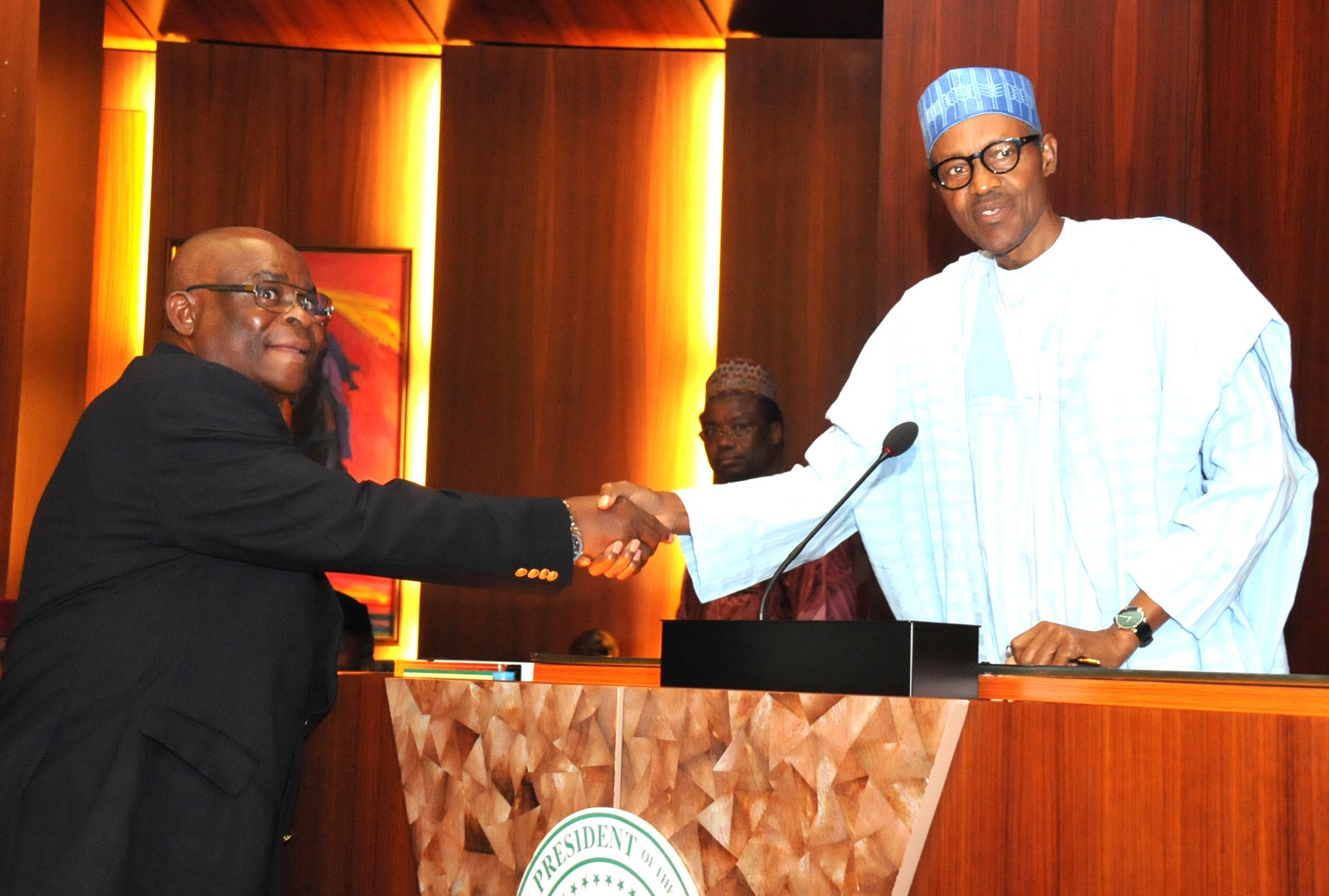 President Buhari inaugurates Onnoghen CJN in 2016 (Presidency)