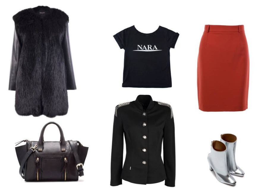 Płaszcz Rabarbar (rabarbar.co), torba ZARA (zara.com), bluzka Rabarbar (rabarbar.com), spódnica Bialcon (bialcon.pl), żakiet Este (este.com)