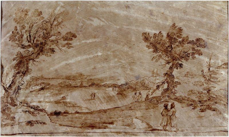 Pejzaż z postaciami w turbanach, ok. 1620–1630, atrament na pergaminie, 230 x 390 mm, Pinacoteca Civica, Cento