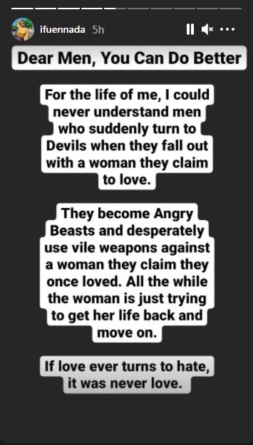 Ifuennada question the reason some men turn to 'devil' after they fell out with the partners they once claimed to love. [Instagram/IfuEnnada]