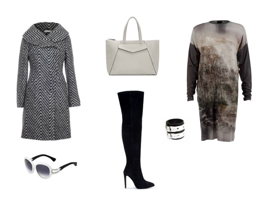 Płaszcz Vissavi (vissavi.pl), buty ZARA (zara.com), sukienka Bialcon (bialcon.pl), okulary Alexander Mcqueen (safilo.pl), torba ZARA (zara.com)