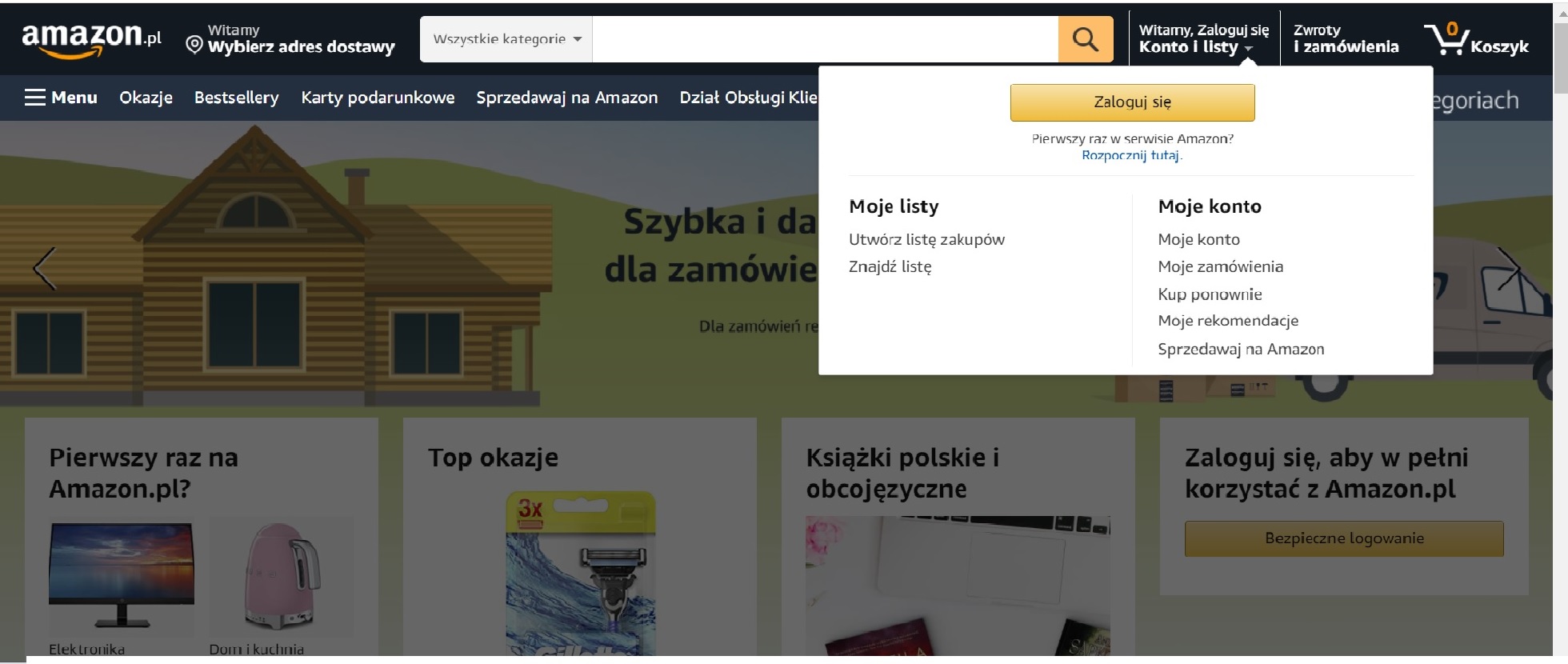 Amazon Polska jak zrobić zakupy, logowanie, koszty dostawy