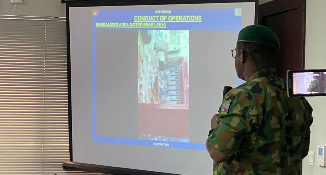 Commander of 81 Military Intelligence Brigade, Victoria Island, Lagos, Brig. Gen. Ahmed Taiwo tells members of Lagos Judicial Panel about the role the army played in the Lekki shooting incident. (TheNation)