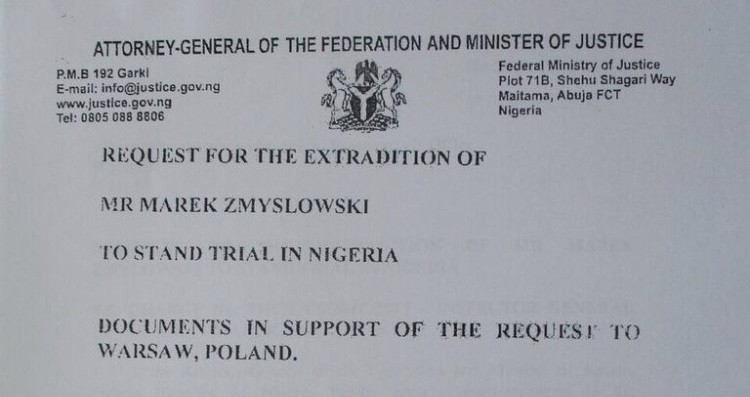 A document allegedly from the Attorney General of the Federation and Minister of Justice requesting fro the extradition of Marek Zmyslowski (Medium/Marek Zmyslowski)