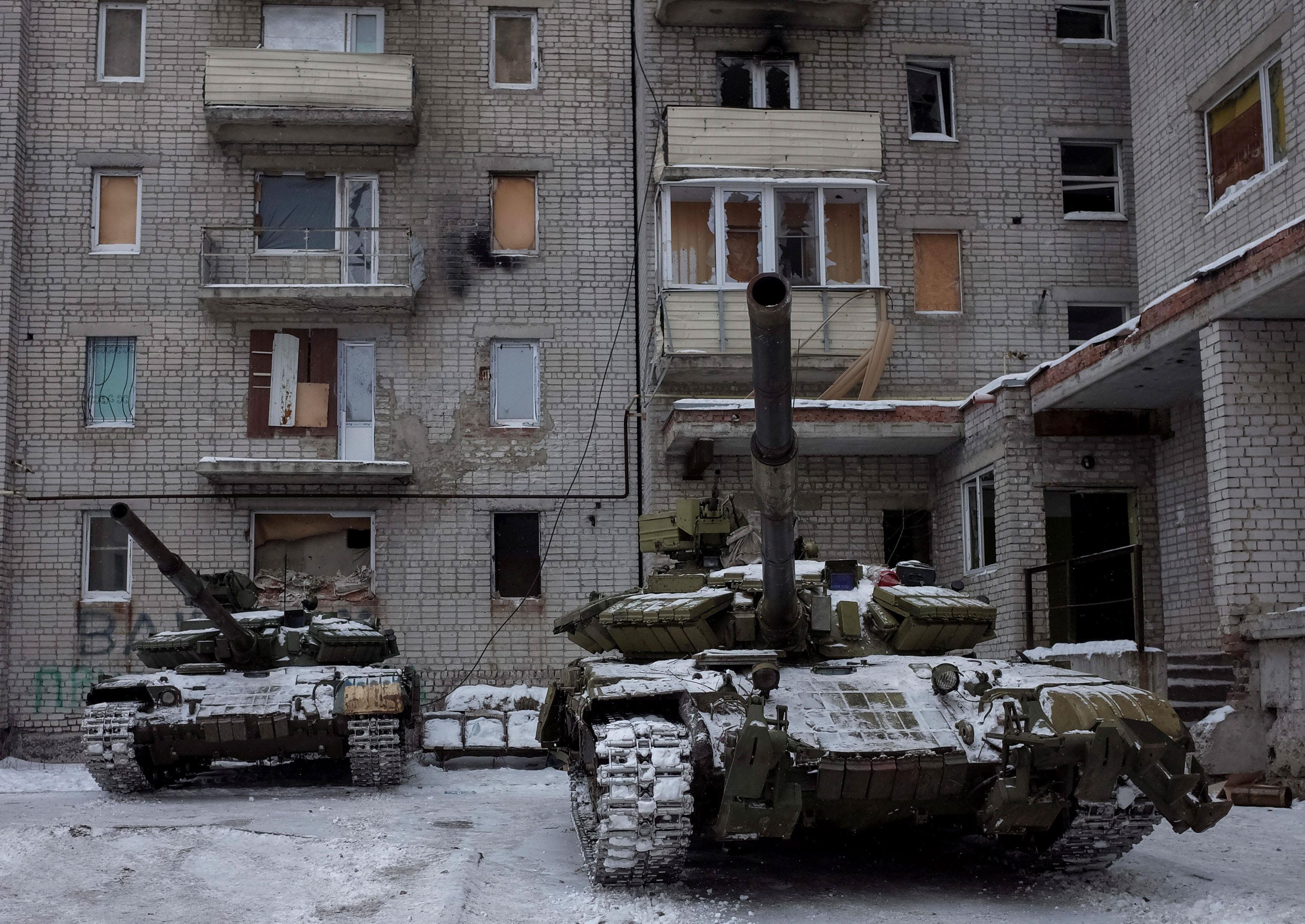 Tanks are seen in the government-held industrial town of Avdiyivka