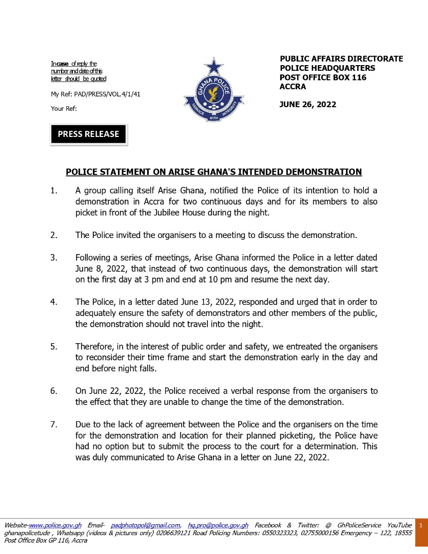 Ghana police issues statement to stop intended demonstration by Arise Ghana