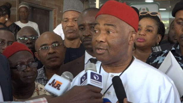 Governor Hope Uzodinma while addressing reporters in Owerri accuses the PDP of plotting to humiliate Adams Oshiomhole. (TheCable)