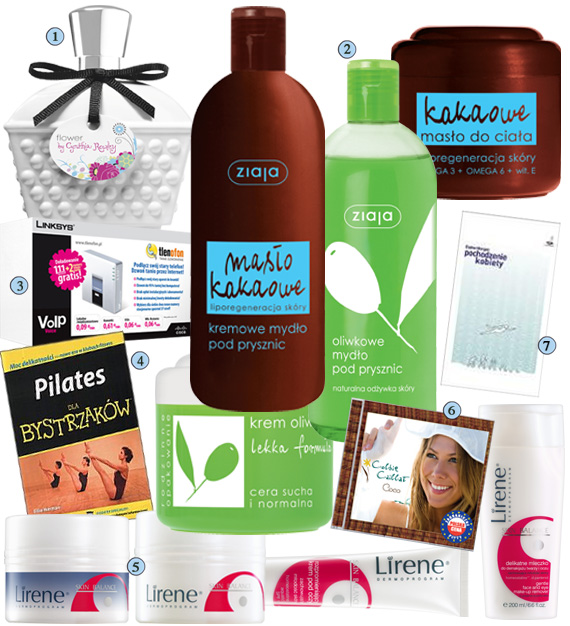 Pierwsza nagroda z godziny 20.00
Opis galerii:
1. Woda perfumowana Flower by Cynthia Rowley z dominującym zapachem lilii, aromatem frezji i drewna kaszmirowego, otulonego ciepłą, słodką wanilią, zmysłowym piżmem i drewnem sandałowym, Avon
2. Zestaw kosmetyków do pielęgnacji ciała: Krem oliwkowy do cery suchej i normalnej, Kakaowe masło do ciała, Oliwkowe mydło pod prysznic, Kremowe mydło pod prysznic, Ziaja
3. Linksys PAP2T Tlenofon, Bramka VoIP umożliwiająca prowadzenie rozmów telefonicznych bez włączonego komputera. Wraz z bramką użytkownik otrzymuje: 111 minut rozmów, dwa numery stacjonarne z 43 stref, pocztę głosową, billing online, naliczanie sekundowe
4. Książka