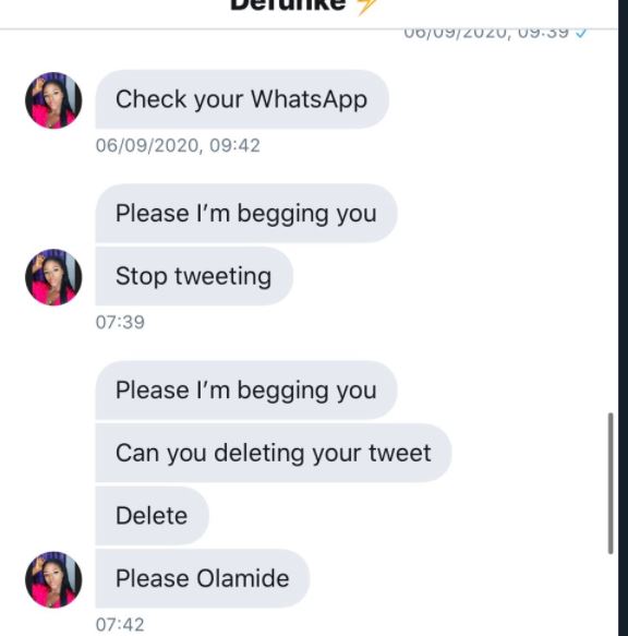 A screenshot of a chat conversation Michael had with his wife, Funke where she appealed to him to take down the tweets [Twitter/CvvAaa]