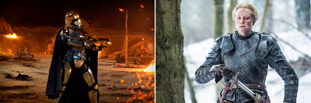 Christie jako Kapitan Phasma (po lewej) i Brienne z Tarthu (po prawej)