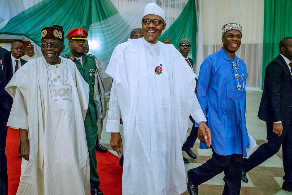 L-R: APC National Leader, Bola Tinubu, President Muhammadu Buhari and Minister of Transportation, Rotimi Amaechi [Facebook/Femi Adesina]