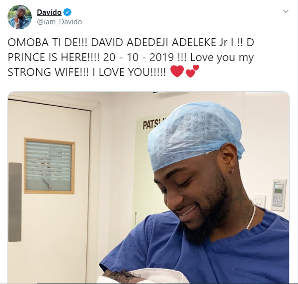 Davido welcomes first son and child with Chioma {Twitter/iam_davido]