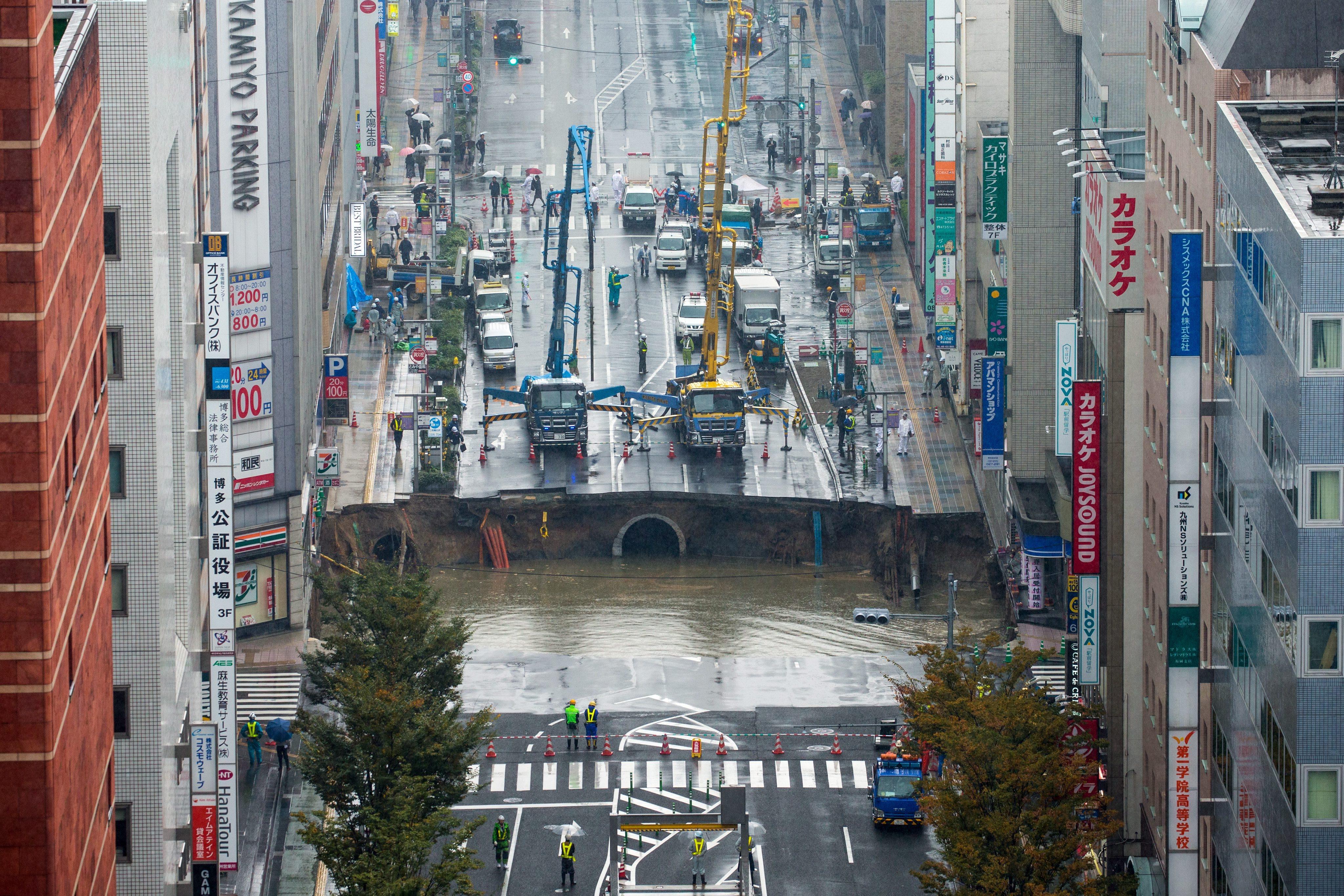 Sinkhole in central Fukuoka, southwestern Japan