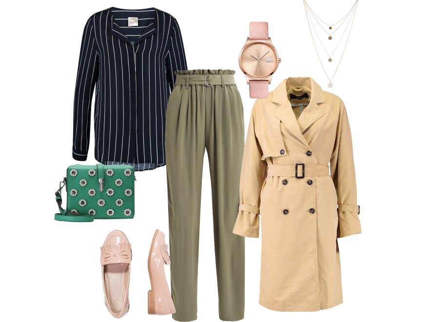 Trencz – Vero Moda 219zł, spodnie – Bik Bok 129 zł, buty – Evans 189 zł, zegarek – Lacoste 729 zł, naszyjnik – Miss Selfridge 79 zł, koszula – Selected Femme 209 zł, torebka – Top Shop 189 zł.