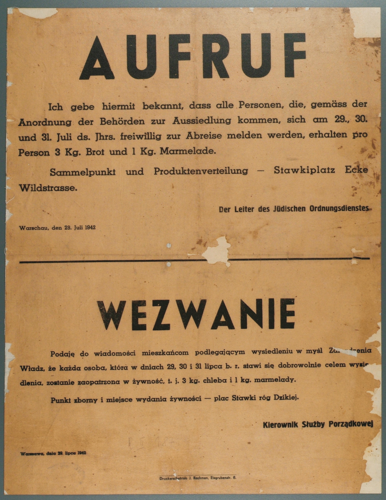 Wezwanie do dobrowolnego stawienia się na ul. Stawki róg Dzikiej [Umschlagplatz] z lipca 1942 r