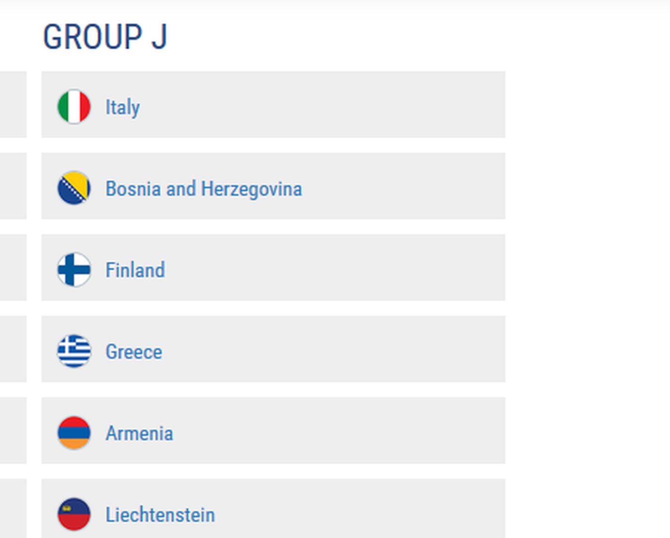 Grupa J: Włochy, Bośnia i Hercegowina, Finlandia, Grecja, Armenia, Liechtenstein