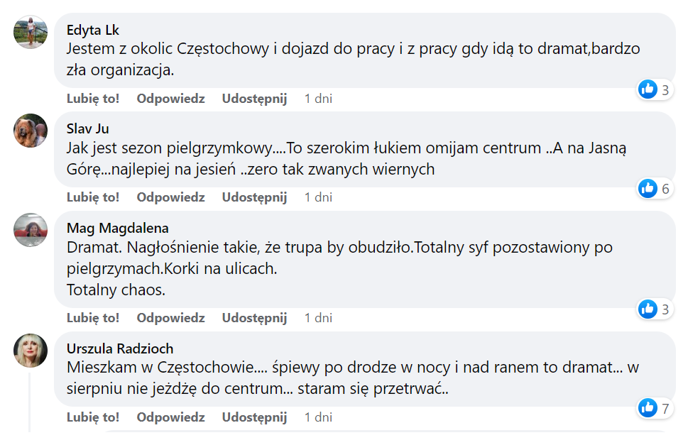 Opinie mieszkańców Częstochowy o tym, jak pielgrzymki wpływają na życie miasta. Źródło: Grupa na Facebooku 
