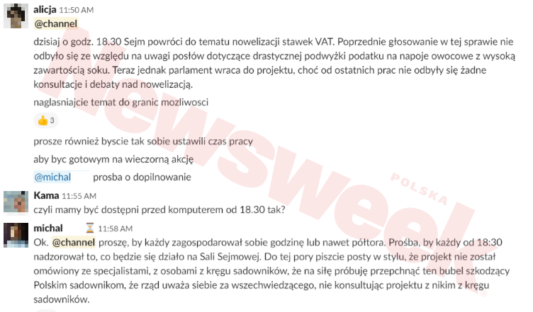 Lobbing ws. VAT na soki – materiały z wewnętrznego komunikatora Cat@Net