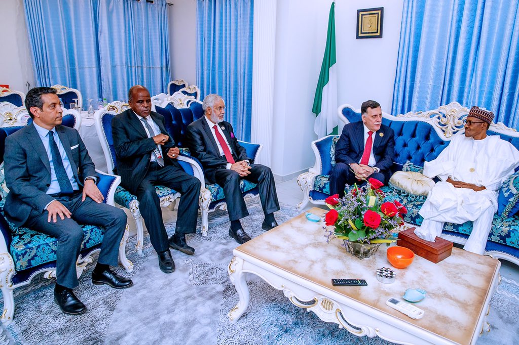 President Muhammadu Buhari holds a bilateral meeting with Head of Libya's Government of National Accord Mr. Fayez Al-Sarraj on the sidelines of the 12th Extraordinary Session of the Assembly of African Union Heads of State and Government, in Niamey, Niger Republic. [Twitter/BashirAhmaad]