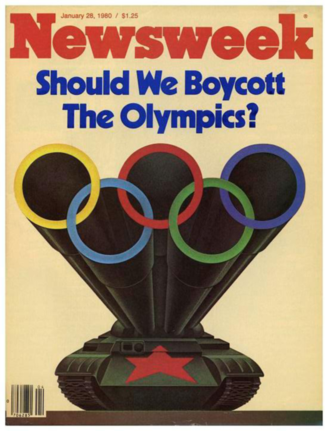 „Newsweek” w 1980 roku opublikował na okładce zdjęcie radzieckiego czołgu z lufą zakończoną kółkami olimpijskimi i tytułem: „Czy powinniśmy zbojkotować igrzyska?”. 