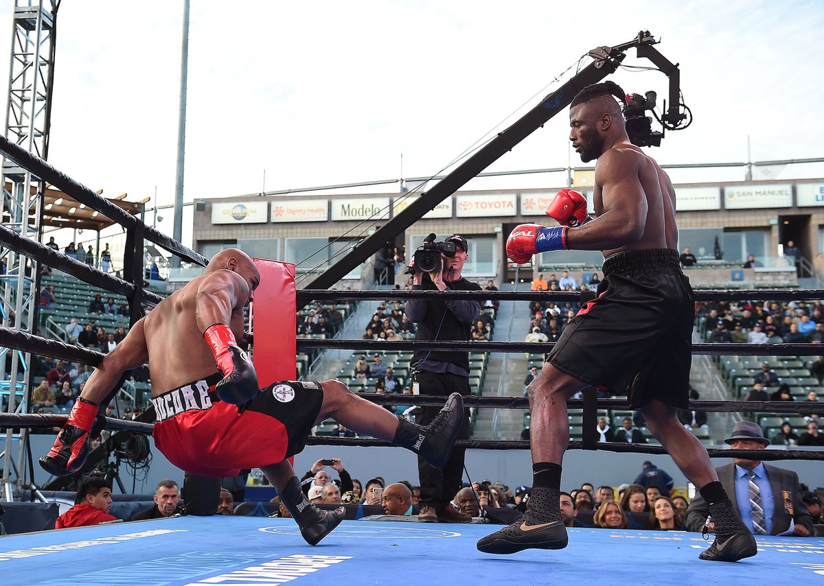 Efe Ajagba put Amir Mansour down twice in the first half before he completed the win in the second round (Twitter/ringstar)